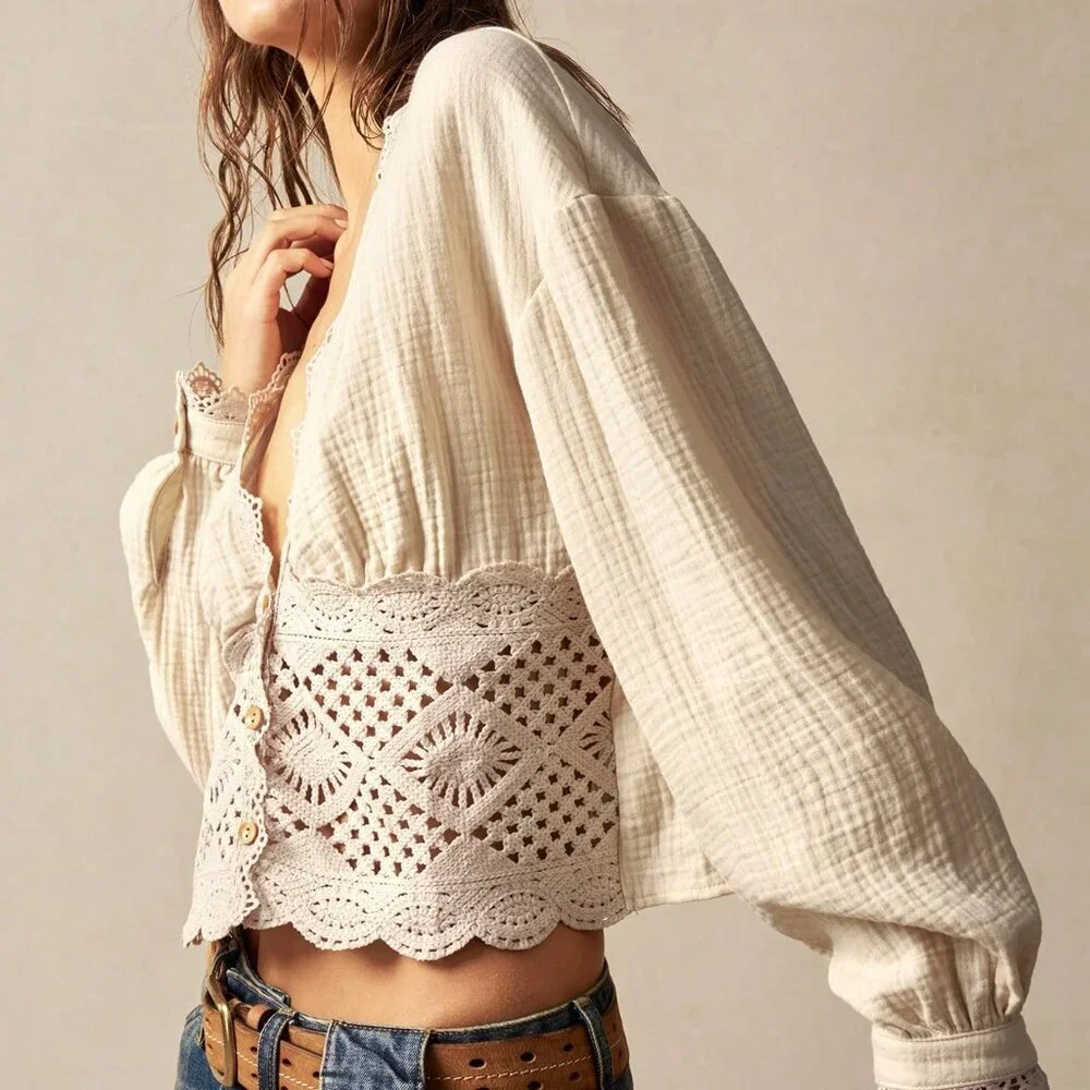 Apricot Casual Women's Woven Patchwork Floral Lace V-Neck Lantern Sleeve Blouse